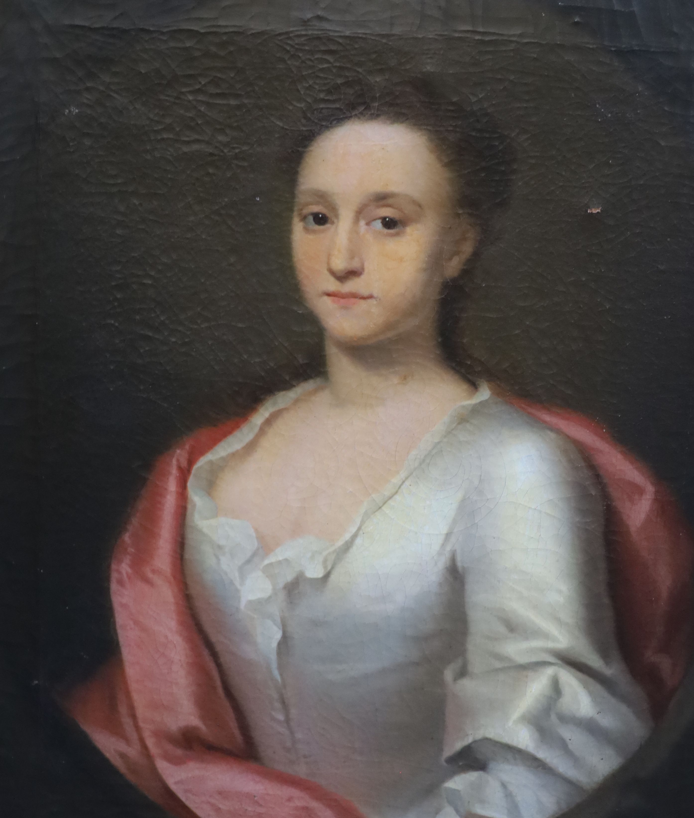 18th century English School, Portrait of a lady wearing a white dress, oil on canvas, 73 x 60 cm.